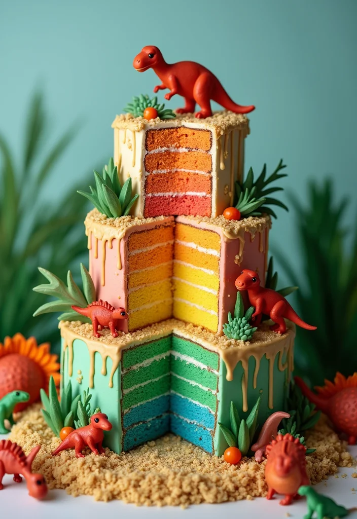 15 Stunning Dinosaur Cakes That Are Almost Too Cute to Eat (Wait Until You See #15!) - 9. Dinosaur Landslide Layer Cake