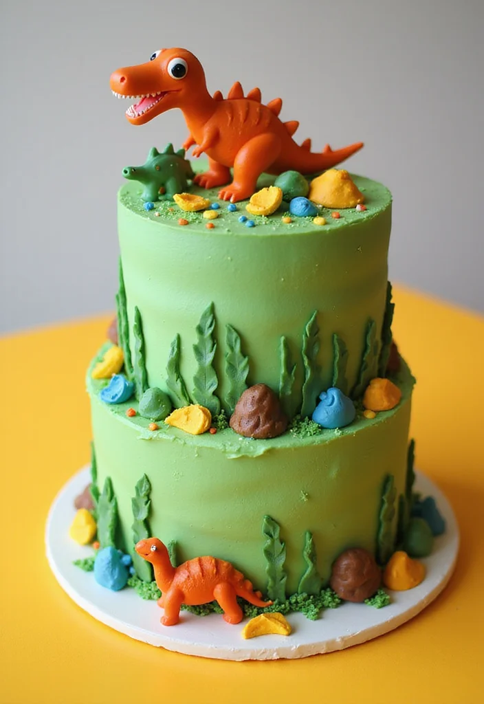 16 Adorable Two-Tier Birthday Cakes for Kids That'll Make Their Day Extra Special (Don't Miss #2!) - 2. Dino-Mite Adventure Cake