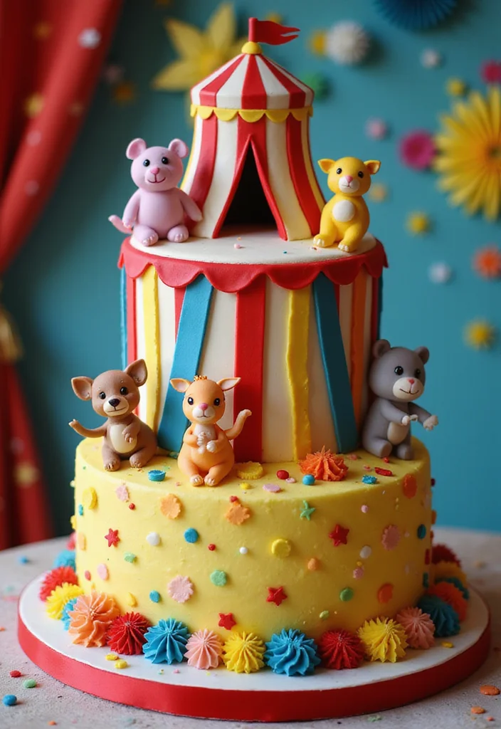 16 Adorable Two-Tier Birthday Cakes for Kids That'll Make Their Day Extra Special (Don't Miss #2!) - 8. Circus Fun Cake