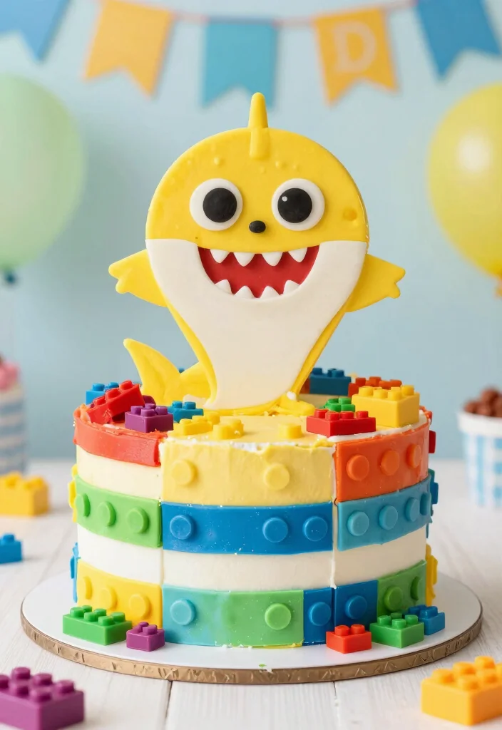 15 Baby Shark Birthday Cake Ideas: Bright Fun Kids Theme - 11. Edible Baby Shark Legos Cake 1