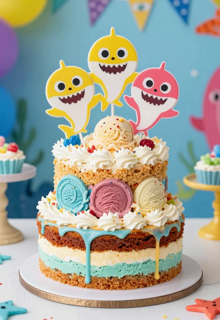 15 Baby Shark Birthday Cake Ideas: Bright Fun Kids Theme - 14. Baby Shark Ice Cream Cake 1