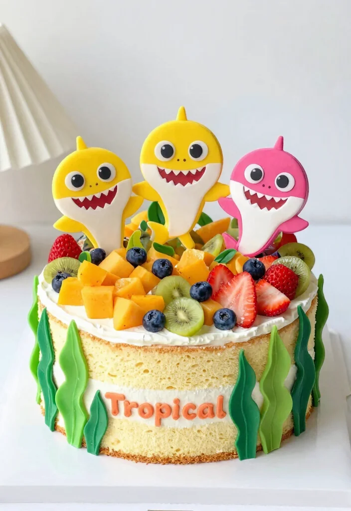 15 Baby Shark Birthday Cake Ideas: Bright Fun Kids Theme - 15. Tropical Fruit Baby Shark Cake 1