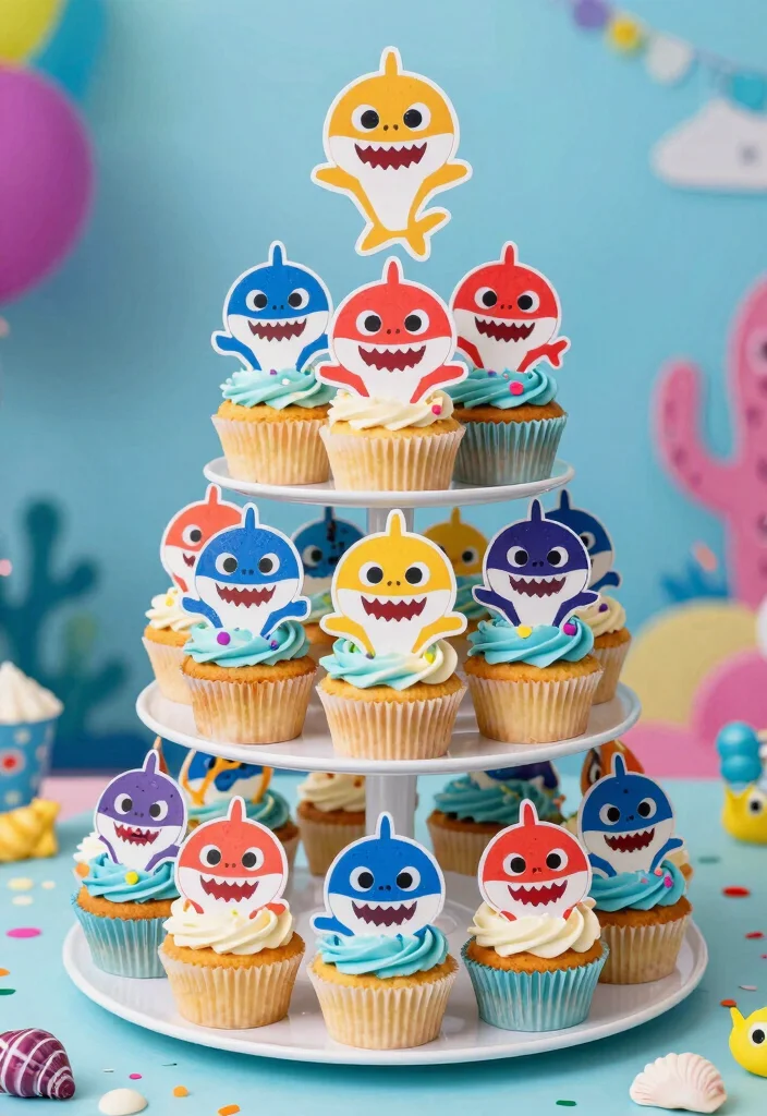 15 Baby Shark Birthday Cake Ideas: Bright Fun Kids Theme - 3. Baby Shark Cupcake Tower 1
