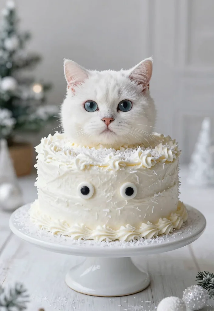 15 Cat Birthday Cake Ideas: Cute Whimsical Themes - 12. Snowy White Cat Cake 1