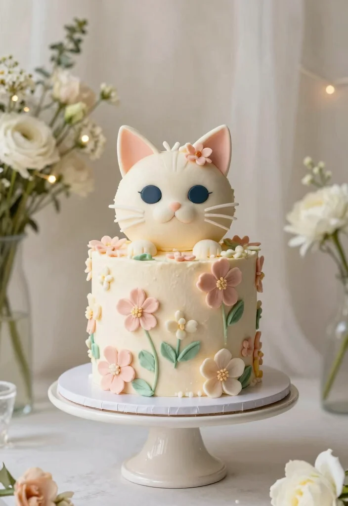 15 Cat Birthday Cake Ideas: Cute Whimsical Themes - 15. Elegant Floral Cat Cake 1