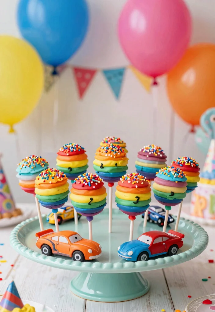 15 Race Car Cake Pops Ideas Fast Fun Treats - 6. Rainbow Race Car Cake Pops 1