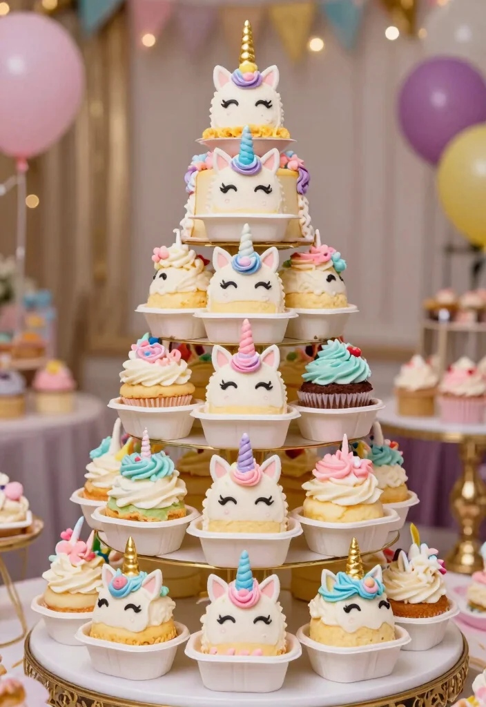16 Bento Cake Unicorn Ideas: Pastel Magical Looks - 11. Whimsical Unicorn Sweets Tower 1