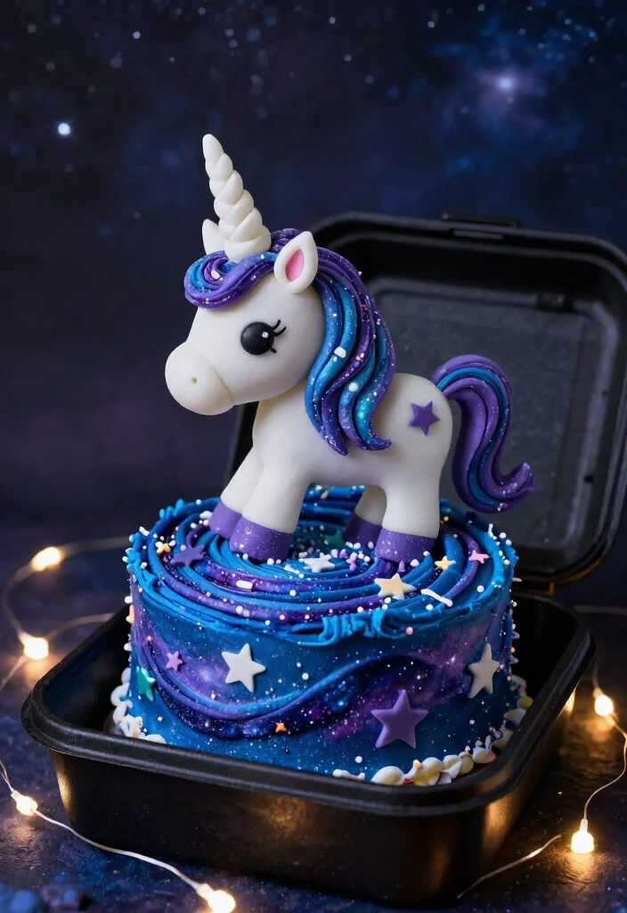 16 Bento Cake Unicorn Ideas: Pastel Magical Looks - 4. Glittery Galaxy Unicorn Cake 1