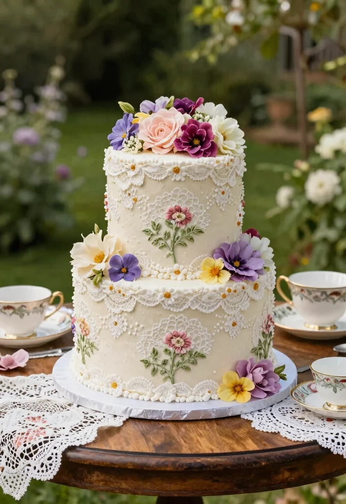 16 Floral Cake Birthday Ideas: Soft Romantic Designs for Garden Parties - 8. Vintage Floral Lace Cake 1