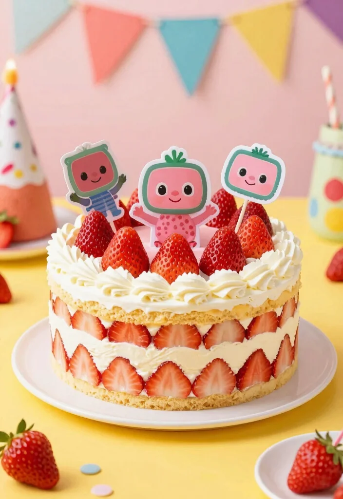 16 Pink Cocomelon Cake Ideas for Cute Kids Celebrations - 7. Strawberry Shortcake Cocomelon 1