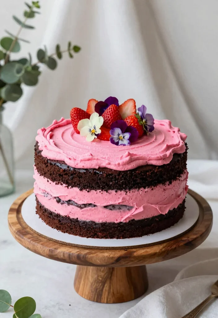 16 Pink and Black Cake Ideas: Bold Chic Contrast - 10. Elegant Black and Pink Vegan Cake 1