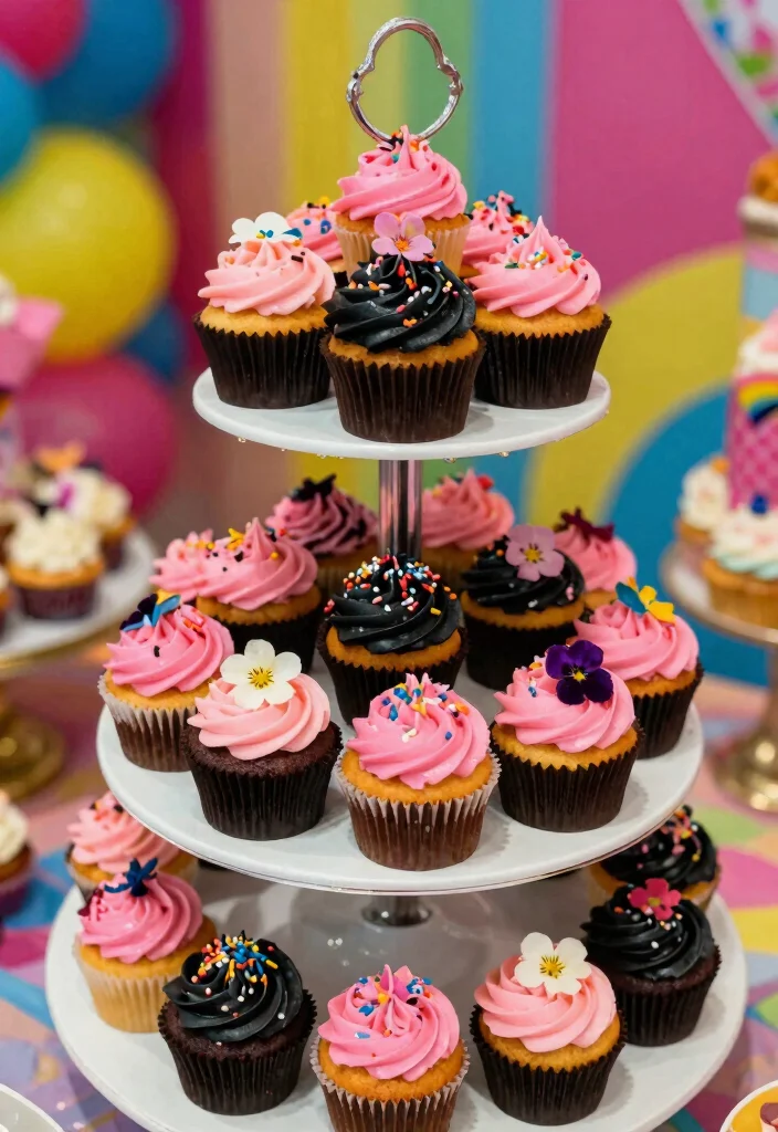 16 Pink and Black Cake Ideas: Bold Chic Contrast - 15. Black and Pink Cupcake Tower 1