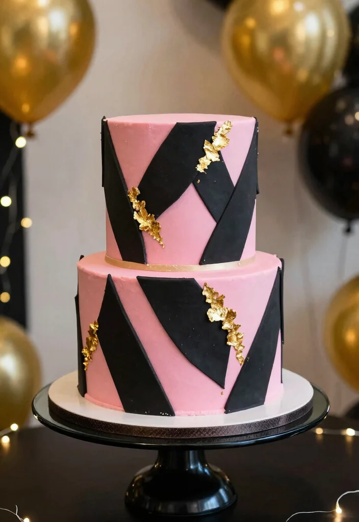 16 Pink and Black Cake Ideas: Bold Chic Contrast - 3. Chic Black and Pink Geometric Cake 1