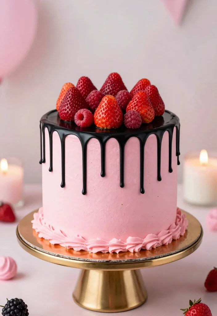 16 Pink and Black Cake Ideas: Bold Chic Contrast - 4. Pink Champagne Cake with Black Drip 1