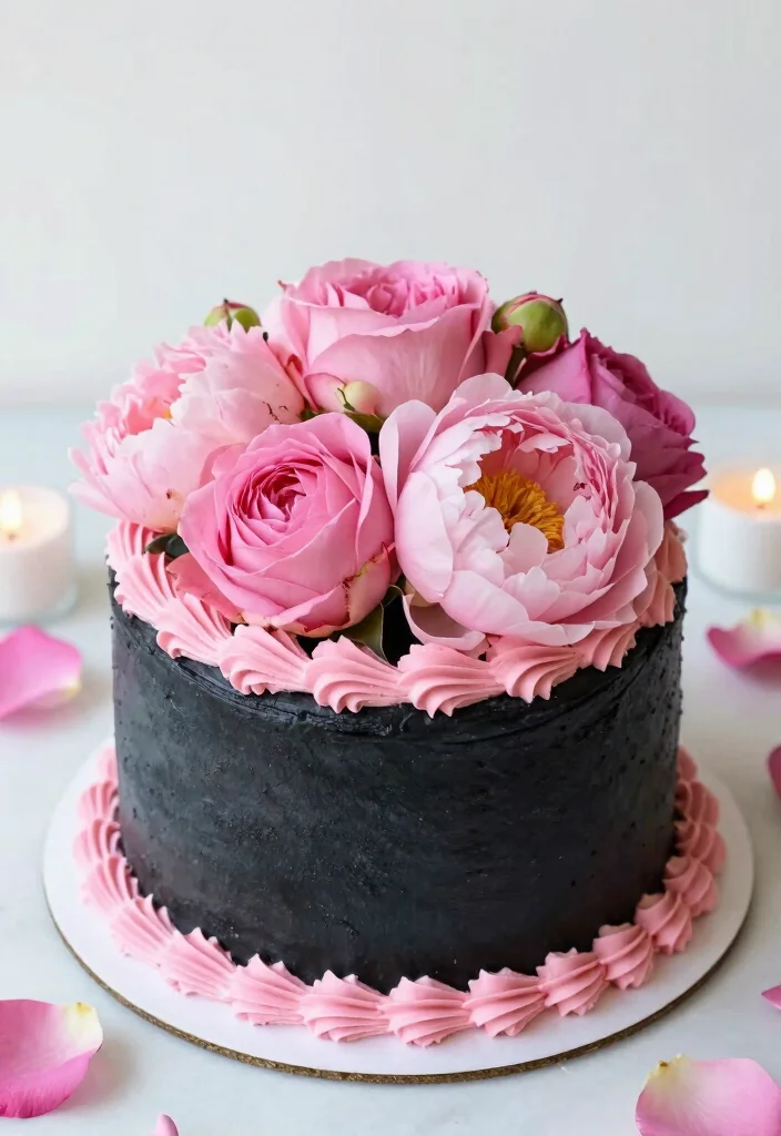 16 Pink and Black Cake Ideas: Bold Chic Contrast - 5. Floral Topped Pink and Black Cake 1