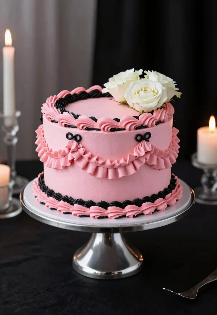 16 Pink and Black Cake Ideas: Bold Chic Contrast - 7. Classy Pink and Black Ruffle Cake 1