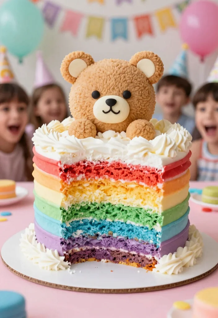 16 Teddy Bear Birthday Cake Ideas Soft Cute Style - 9. Teddy Bear Layered Rainbow Cake 1