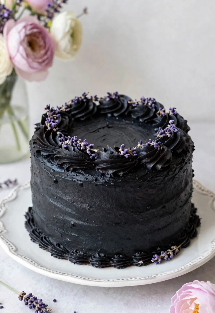 17 Black Vintage Heart Cake Ideas Dark Romantic Style - 13. Black Honey Lavender Cake 1