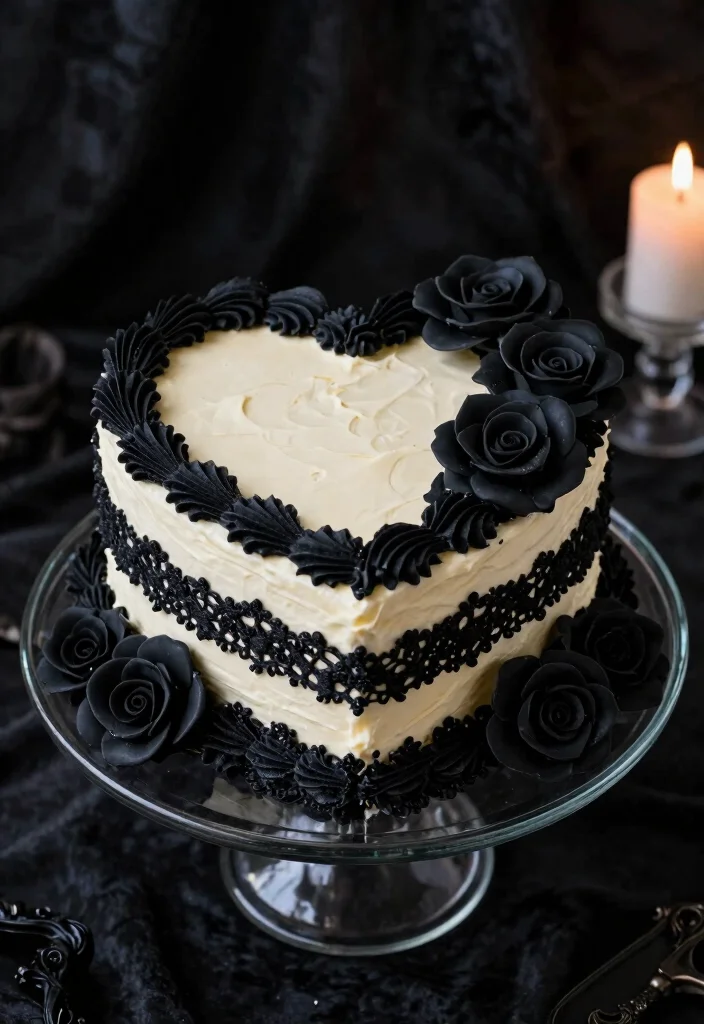 17 Black Vintage Heart Cake Ideas Dark Romantic Style - 2. Black Velvet Heart Cake 1
