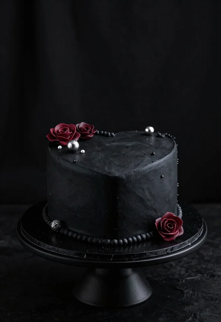 17 Black Vintage Heart Cake Ideas Dark Romantic Style - 5. Black Heart Cake with Fondant Accents 1