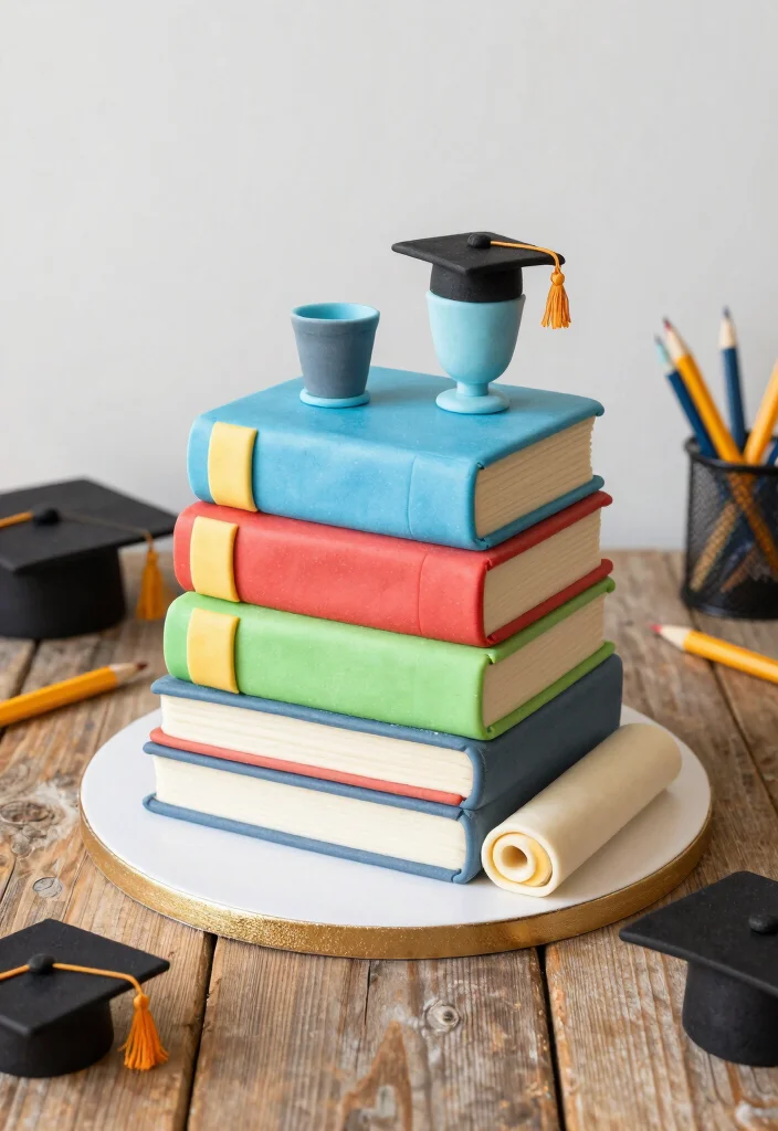 17 Masters Graduation Cake Ideas in Elegant Academic Style - 3. Whimsical Books and Scrolls Cake 1
