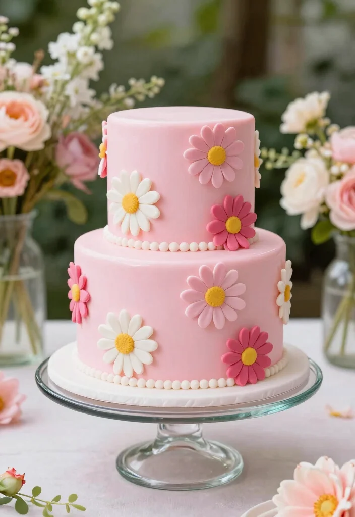 17 Pink Daisy Cake Ideas: Soft Floral Sweetness - 2. Pink Daisy Fondant Cake 1