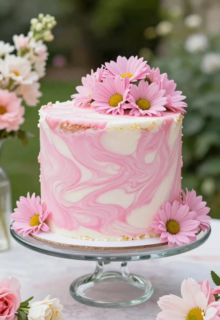 17 Pink Daisy Cake Ideas: Soft Floral Sweetness - 5. Marble Pink Daisy Cake 1