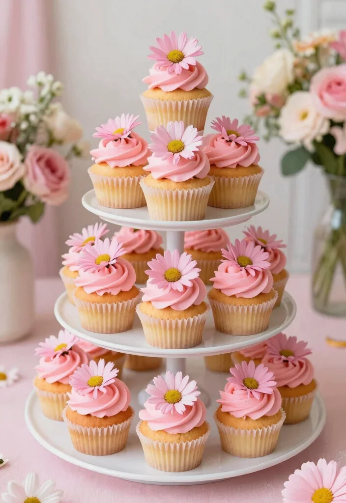17 Pink Daisy Cake Ideas: Soft Floral Sweetness - 6. Pink Daisy Cupcake Tower 1