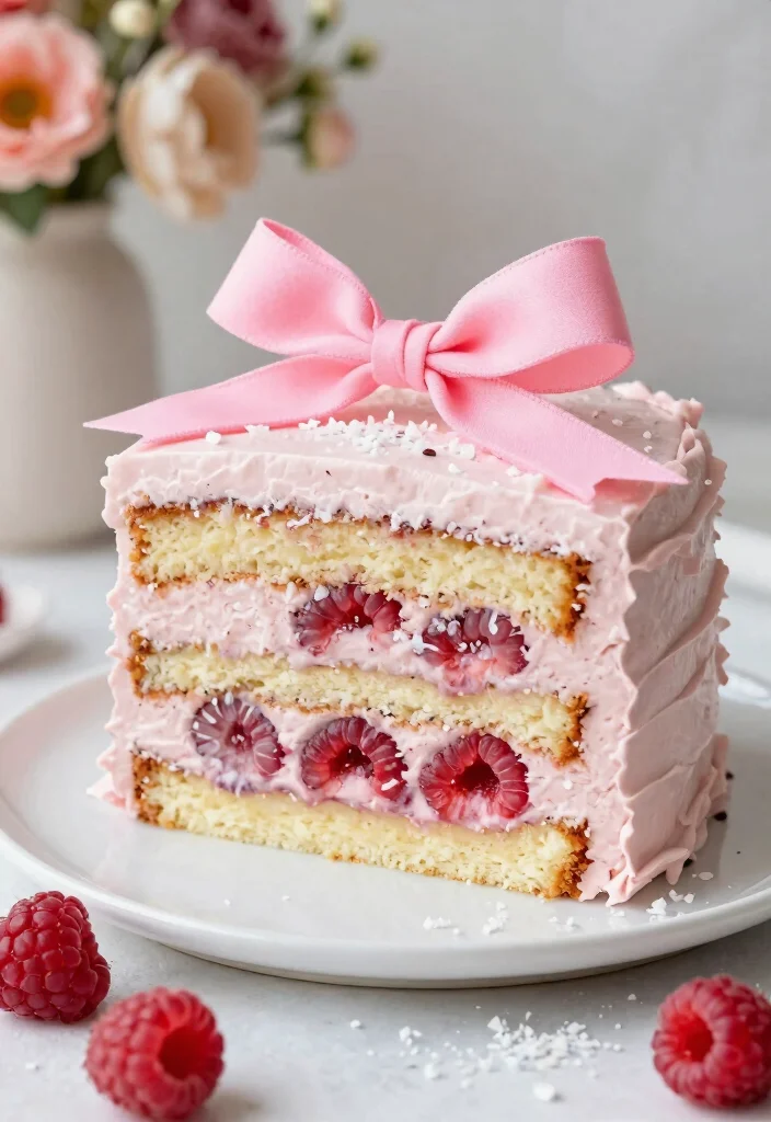 17 Pink Ribbon Cake Ideas for an Elegant Statement Style - 8. Coconut Raspberry Cake with Ribbon Topping 1