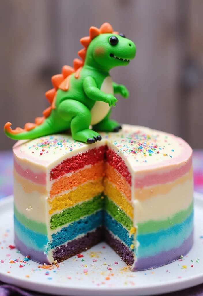 15 Stunning Dinosaur Cakes That Are Almost Too Cute to Eat (Wait Until You See #15!) - 13. Dino-Mite Rainbow Cake 1