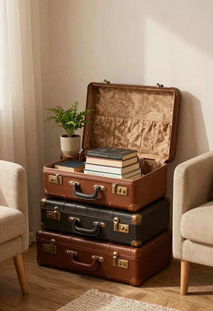 14 Simple Book Shelf Ideas With Clean Minimal Style - 9. Vintage Suitcase Book Storage 1