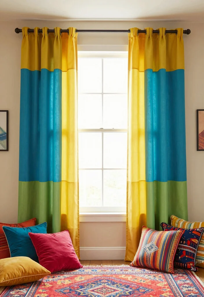 15 Square Bay Window Curtains Ideas With Tailored Style - 14. Color-blocking Techniques 1