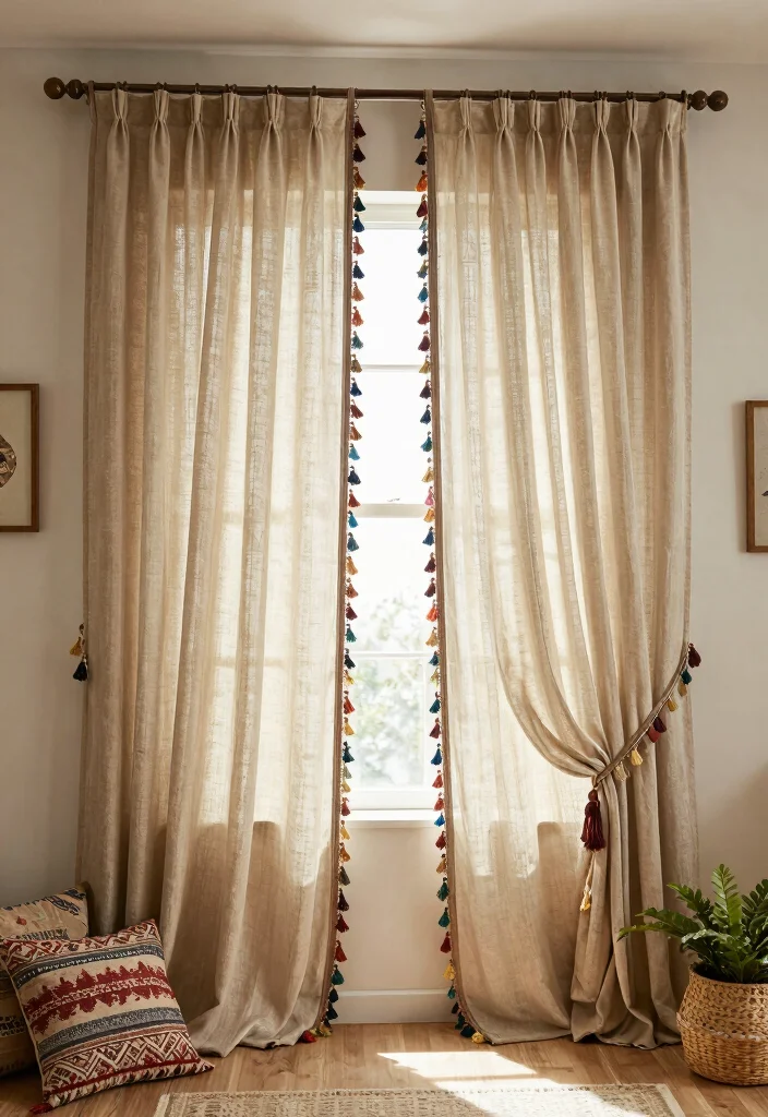 15 Square Bay Window Curtains Ideas With Tailored Style - 8. Bohemian Fringe and Tassel Curtains 1