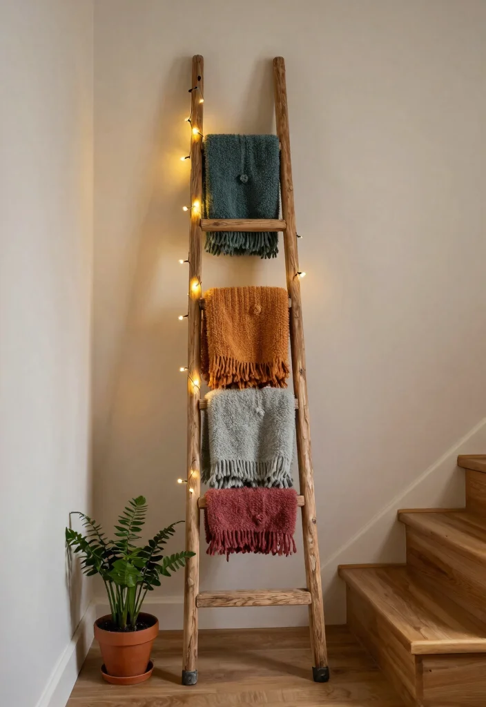 15 Wall Stairs Decor Ideas That Elevate Your Hallway - 5. Decorative Ladder Display 1