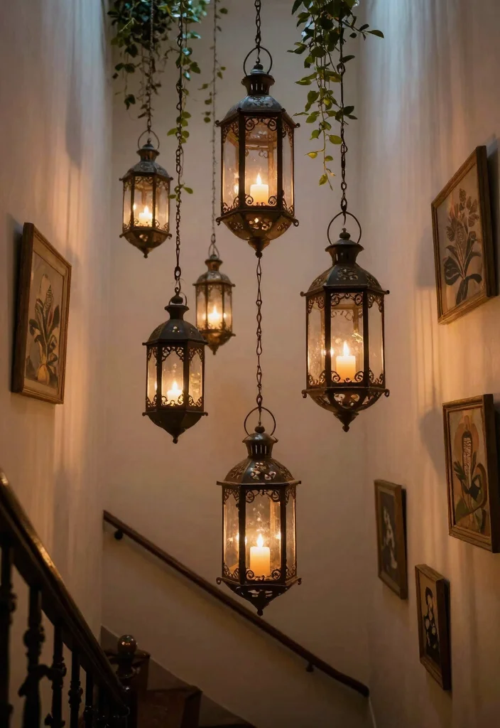 15 Wall Stairs Decor Ideas That Elevate Your Hallway - 7. Hanging Lanterns 1