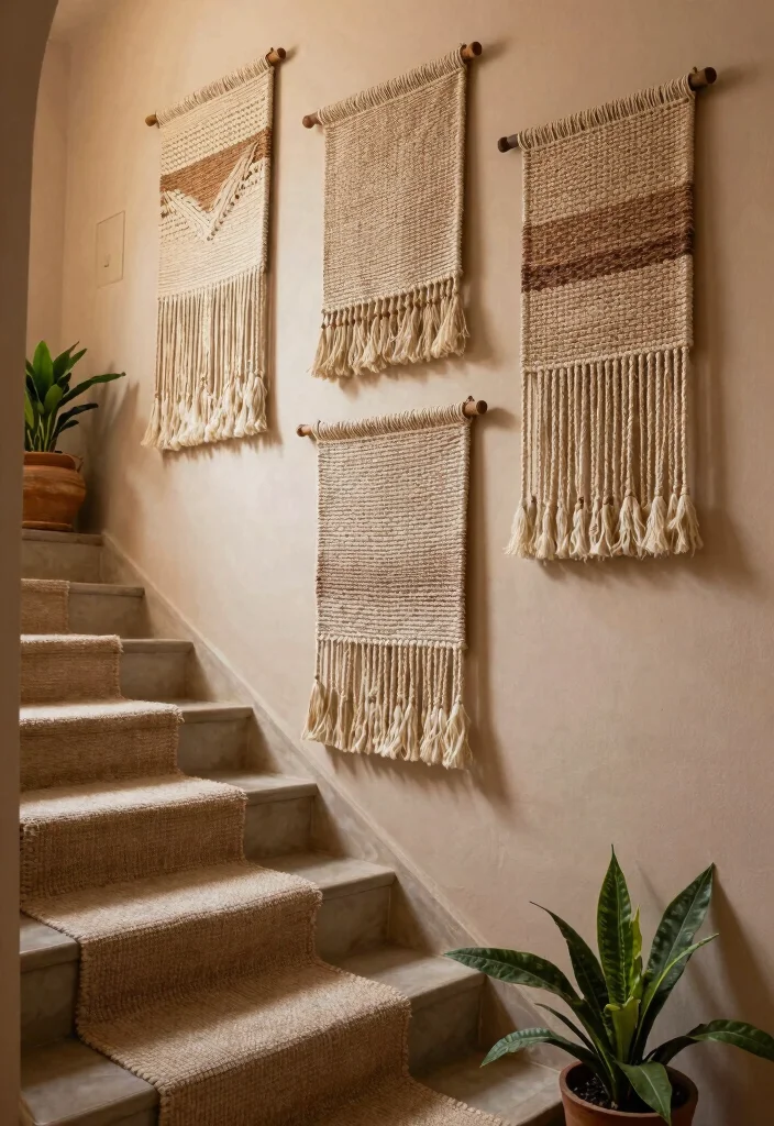 15 Wall Stairs Decor Ideas That Elevate Your Hallway - 9. Woven Wall Hangings 1