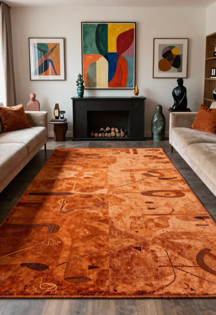 16 Burnt Orange Rug Ideas That Warm Up Any Room - 15. Artistic Expression 1