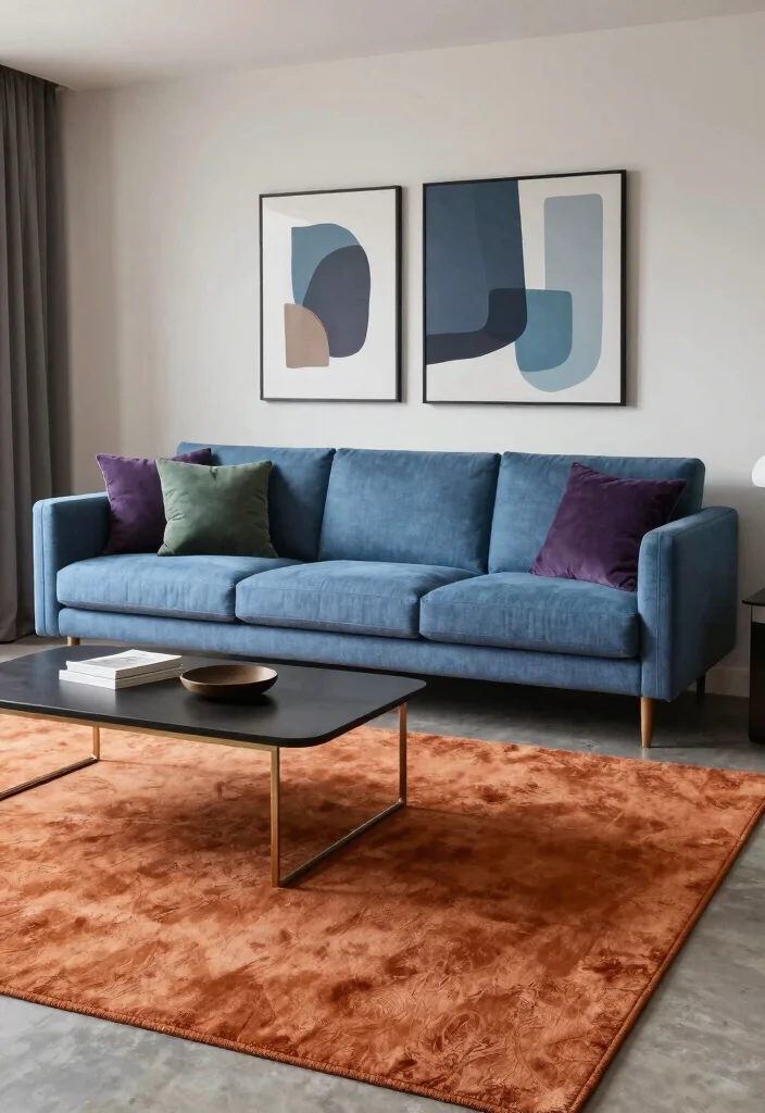 16 Burnt Orange Rug Ideas That Warm Up Any Room - 6. Contrast with Cool Tones 1