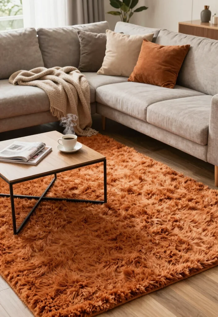 16 Burnt Orange Rug Ideas That Warm Up Any Room - 9. Shag Texture for Comfort 1