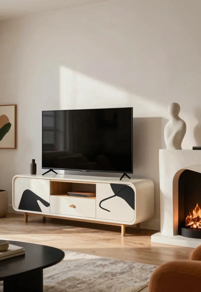 16 TV Unit Design Modern With Fireplace Ideas That Wow - 15. Artistic TV Unit with Sculptural Fireplace 1