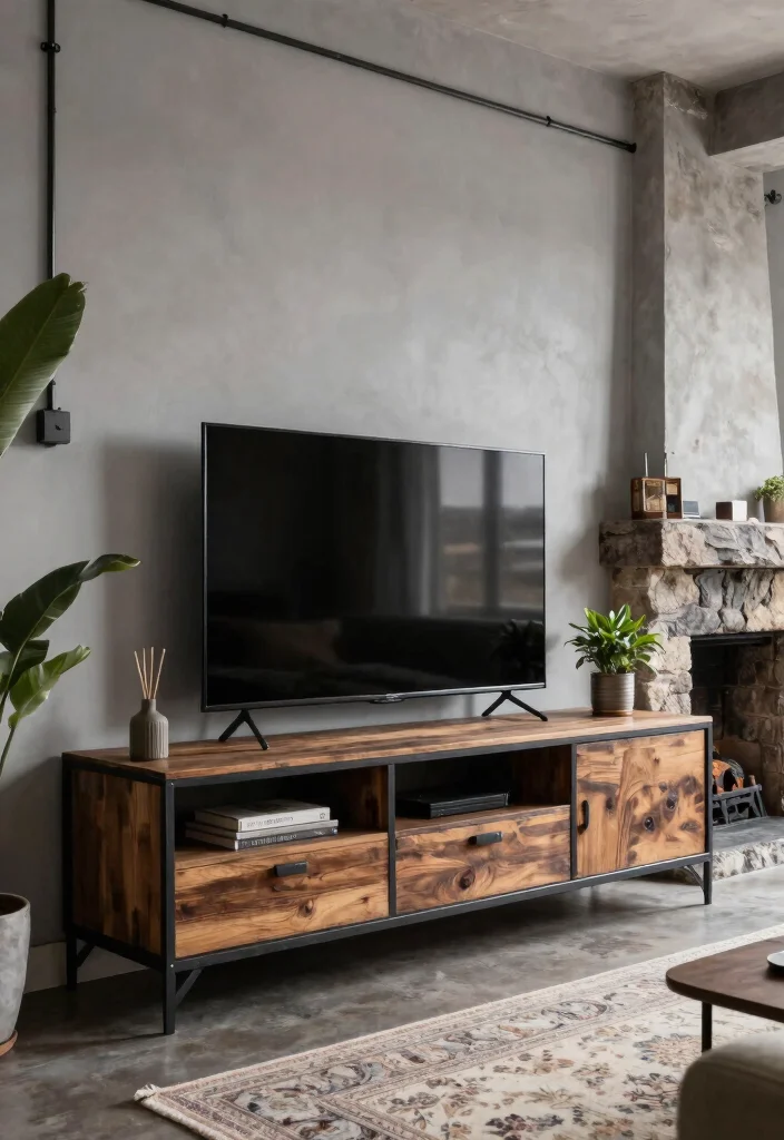 16 TV Unit Design Modern With Fireplace Ideas That Wow - 5. Industrial Style TV Unit with Rustic Fireplace 1