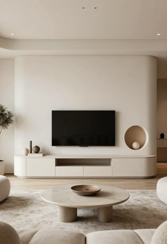 16 TV Unit Design Modern With Fireplace Ideas That Wow - 7. Curved TV Unit with Round Fireplace 1