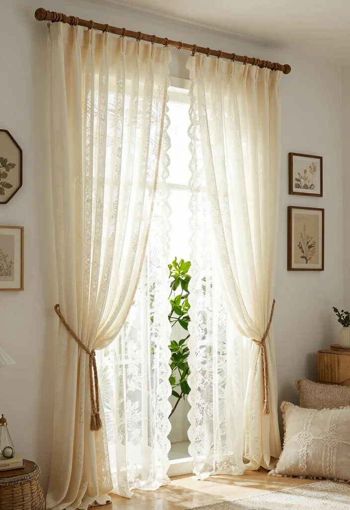 16 Vintage Lace Curtains Ideas With Romantic Charm - 1. Bohemian Bliss: Layered Lace Curtains 1