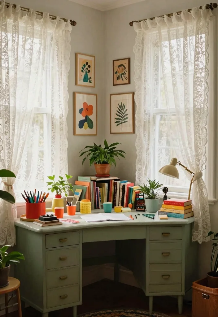 16 Vintage Lace Curtains Ideas With Romantic Charm - 10. Eclectic Office: Inspiration Meets Function 1