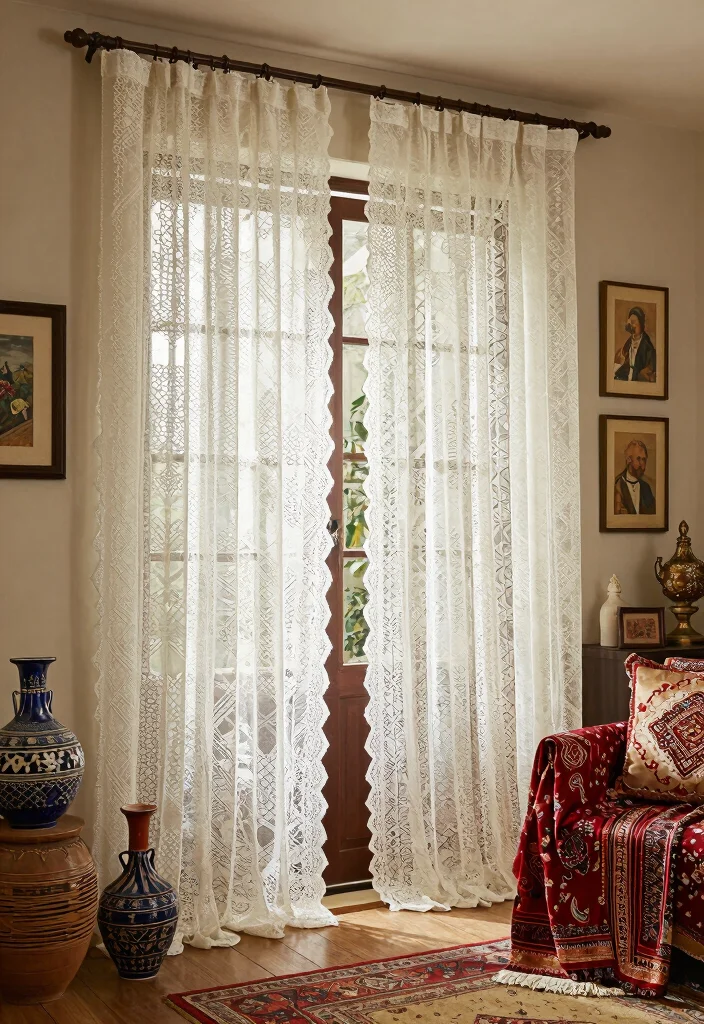 16 Vintage Lace Curtains Ideas With Romantic Charm - 15. Cultural Influences: Global Lace Styles 1