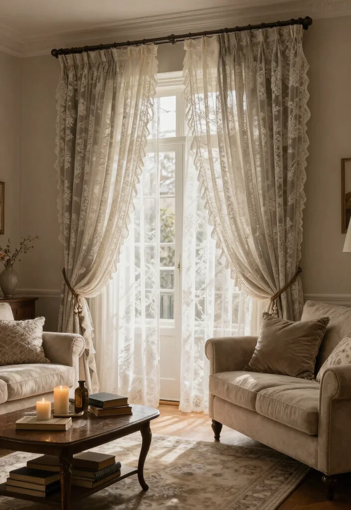 16 Vintage Lace Curtains Ideas With Romantic Charm - 4. Living Room Layers: A Textural Delight 1