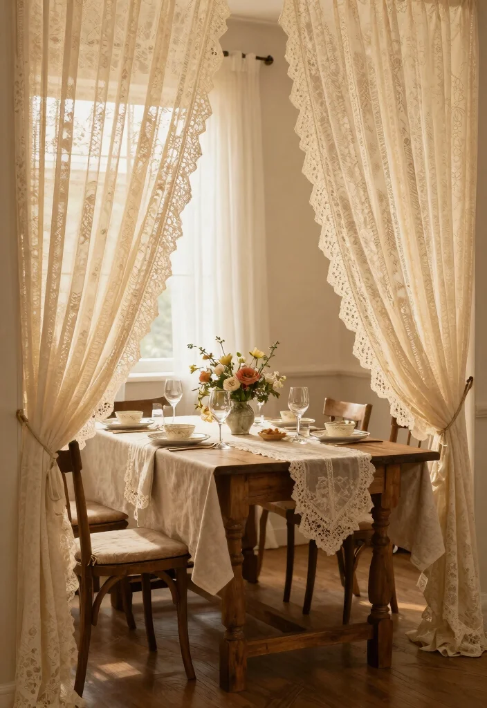 16 Vintage Lace Curtains Ideas With Romantic Charm - 6. Dining Delight: Elegant Table Settings 1