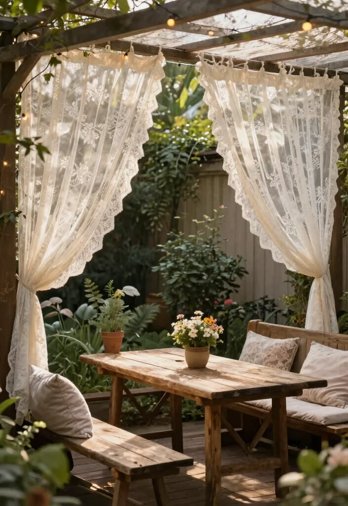 16 Vintage Lace Curtains Ideas With Romantic Charm - 9. Outdoor Oasis: Patio Perfection 1