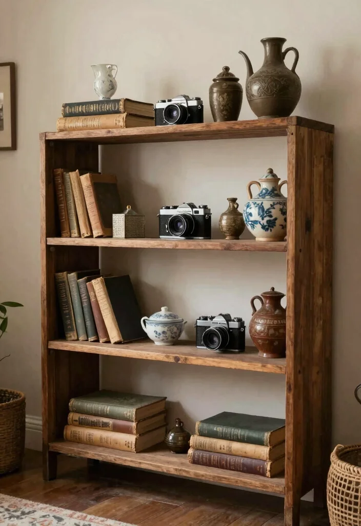 17 Wood Shelf Ideas That Add Natural Warmth - 12. Vintage Wood Shelf with Antique Finds 1