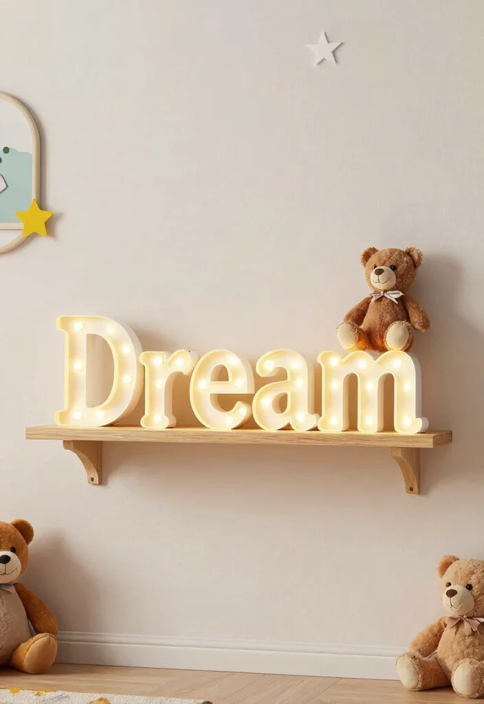 17 Wood Shelf Ideas That Add Natural Warmth - 13. Decorative Wood Shelf with Marquee Lights 1